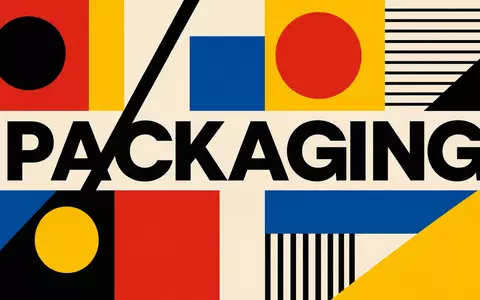 International Paper Bauhaus-Plakat US4601461035 mit geometrischen Formen und Sektor-Text PACKAGING in Primärfarben - Foto: THN