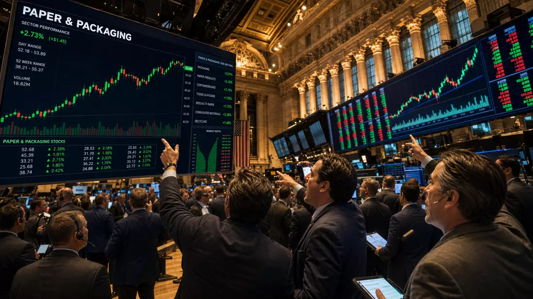 Börsenhandelsraum im NYSE-Stil mit Händlern und Papier-Sektor-Kurscharts auf Bildschirmen