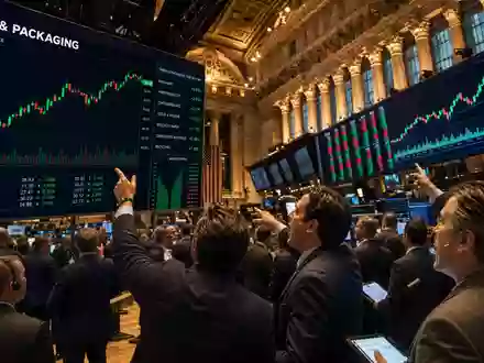 International Paper Börsenhandel US4601461035 im NYSE Handelssaal mit Händlern und steigenden Papiersektor-Charts - Foto: THN
