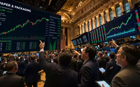 International Paper Börsenhandel US4601461035 im NYSE Handelssaal mit Händlern und steigenden Papiersektor-Charts - Foto: THN