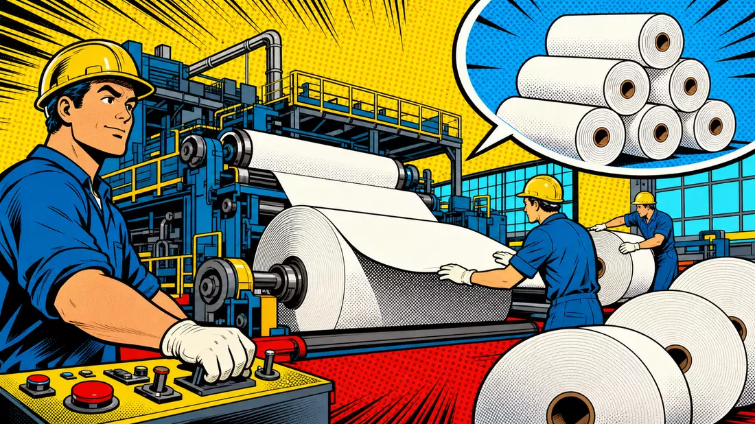 Pop-Art-Comicszene mit Arbeitern an Papierrollmaschine in kräftigen Primärfarben und Rasterfeldern