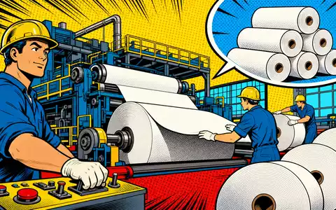 International Paper Pop-Art-Comic US4601461035 zeigt bunte Fabrikarbeiter an großer Papierrollmaschine mit Halbtoneffekt - Foto: THN