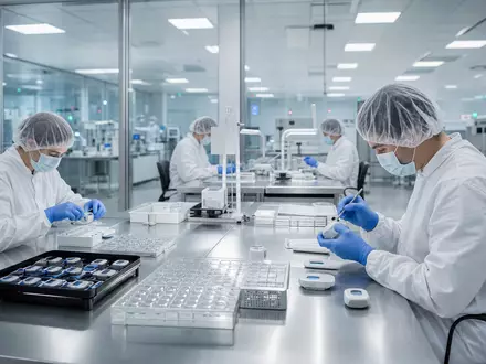 Insulet Reinraum in der Medizintechnik: Mitarbeiter montieren schlauchfreie Insulin-Pods an Edelstahlbänken, ISIN US45784P1012 - Foto: THN