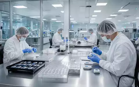 Insulet Reinraum in der Medizintechnik: Mitarbeiter montieren schlauchfreie Insulin-Pods an EdelstahlbÀnken, ISIN US45784P1012 - Foto: THN