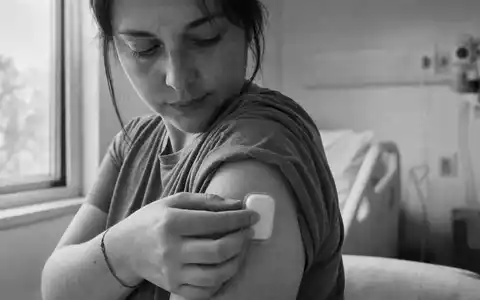 Insulet Dokumentarfoto schwarz-weiß: Patientin befestigt Insulin-Pod am Arm in Klinik, US45784P1012 Medizintechnik - Foto: THN