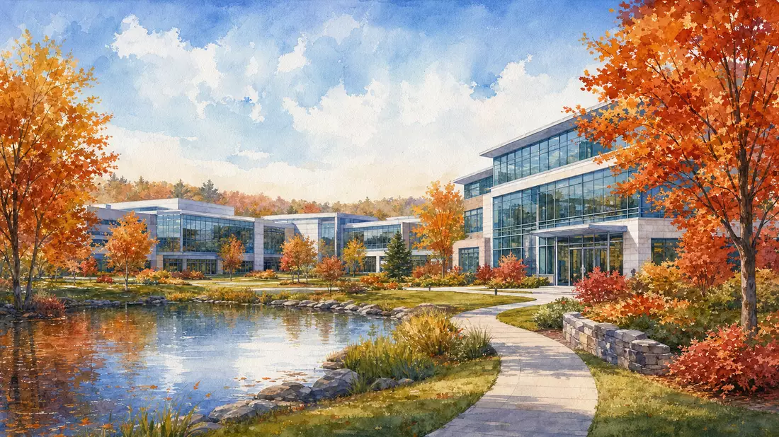 Aquarell Insulet-Campus Massachusetts – Glasgebäude im Herbstlaub mit Teich und blauem Himmel