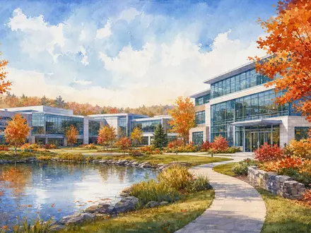Insulet Hauptsitz als Aquarell: New-England-Campus mit Herbstlaub, Glasgebäuden und Teich, US45784P1012 Medizintechnik - Foto: THN