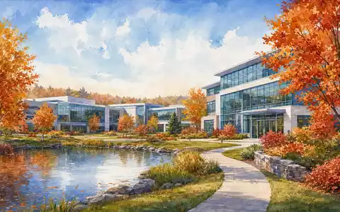 Insulet Hauptsitz als Aquarell: New-England-Campus mit Herbstlaub, GlasgebÀuden und Teich, US45784P1012 Medizintechnik - Foto: THN