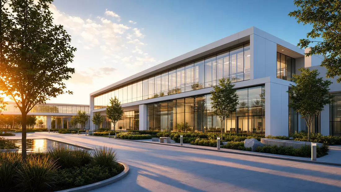 Architektur-Render Insulet-Firmensitz – weißes Glasgebäude mit Grünanlage im Sonnenuntergang