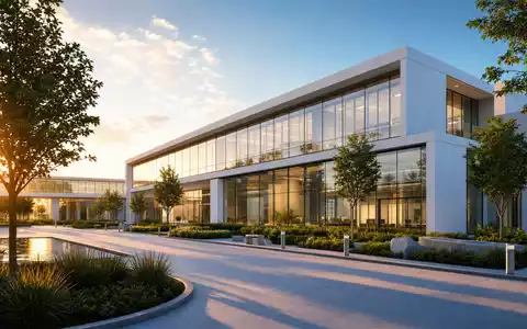 Insulet Medizintechnik Architektur-Render: moderner Firmensitz mit Glasfassade und Grünanlage im goldenen Sonnenuntergang, US45784P1012 - Foto: THN