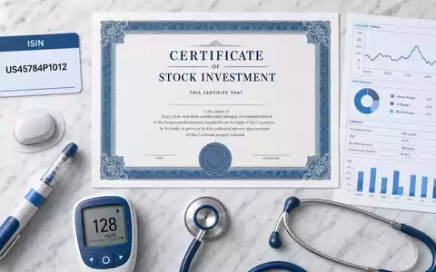 Insulet Aktien-Flatlay auf weißem Marmor mit Börsenzertifikat, ISIN-Karte US45784P1012, Insulin-Pod und Stethoskop - Foto: THN