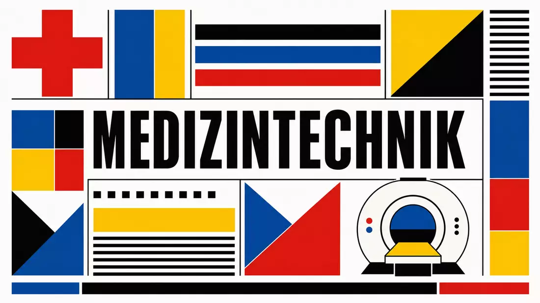 Bauhaus-Poster Insulet – geometrisches Primärfarben-Design mit großem MEDIZINTECHNIK-Schriftzug