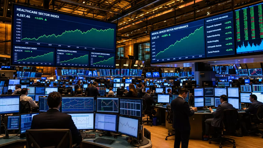 Editorial NASDAQ-Börsensaal Insulet – Händler an Workstations mit Healthcare-Charts auf großen Screens