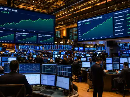 Insulet an der NASDAQ: Börsensaal mit Healthcare-Sektor-Charts auf großen Screens, ISIN US45784P1012 Medizintechnik - Foto: THN