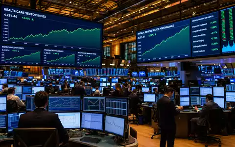 Insulet an der NASDAQ: Börsensaal mit Healthcare-Sektor-Charts auf großen Screens, ISIN US45784P1012 Medizintechnik - Foto: THN