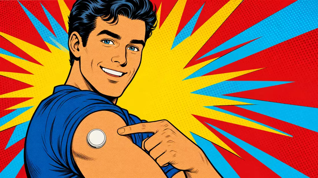 Pop-Art-Comic Insulet – Mann zeigt Insulin-Pod am Arm vor Halbton-Starburst in Primärfarben