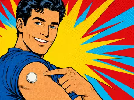 Insulet Pop-Art-Comic: lächelnder Mann zeigt schlauchfreien Insulin-Pod am Arm vor Halbton-Hintergrund, US45784P1012 Medizintechnik - Foto: THN