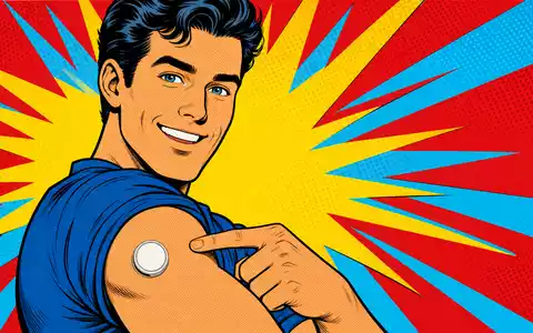 Insulet Pop-Art-Comic: lächelnder Mann zeigt schlauchfreien Insulin-Pod am Arm vor Halbton-Hintergrund, US45784P1012 Medizintechnik - Foto: THN