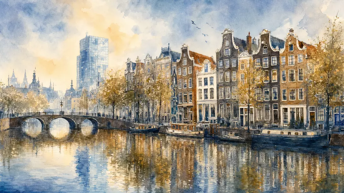 Aquarell-Illustration der Amsterdamer Grachten mit historischen Giebelhäusern und modernem Bankturm