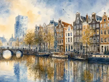 ING Groep N.V. Standort Amsterdam NL0011821202 als malerisches Aquarell der historischen Grachtenstadt - Foto: THN