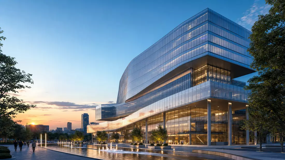 Futuristischer 3D-Render eines modernen Bank-Hochhauses bei Abenddämmerung mit Wasserplatz