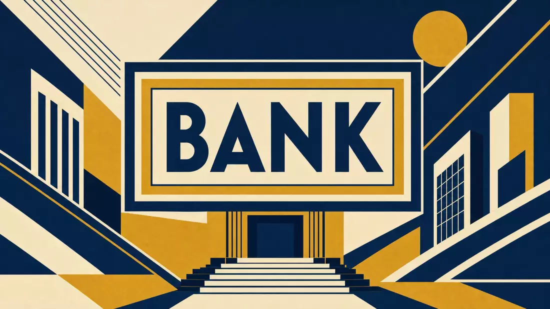 Bauhaus-Poster mit großem BANK-Schriftzug in Marineblau, Gold und Weiß, geometrische Formen