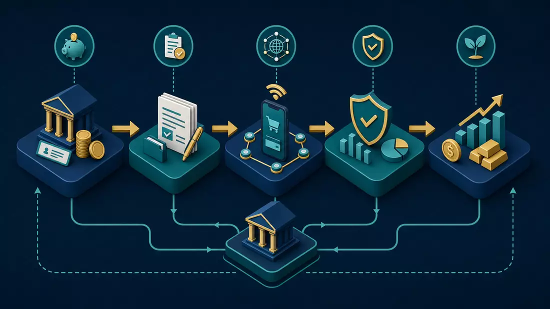 Isometrisches 3D-Diagramm der Banken-Wertschöpfungskette von Einlagen bis Investitionen