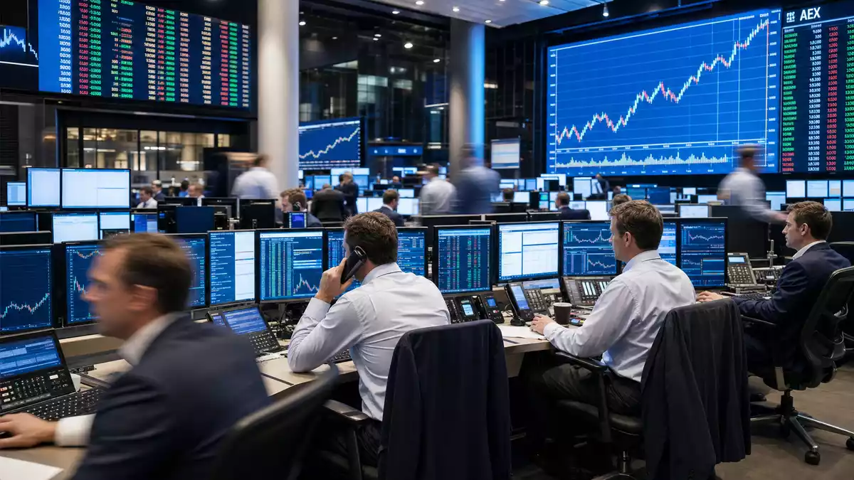 Euronext-Handelssaal mit Brokern an Monitoren und AEX-Kursindex-Anzeigen an der Wand