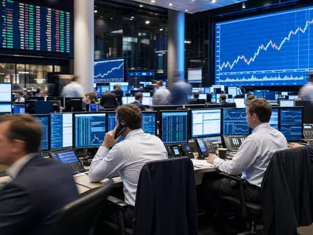 ING Groep N.V. NL0011821202 Euronext-AEX-Handelssaal mit Brokern an Kursmonitor-Terminals und großen digitalen Anzeigetafeln - Foto: THN