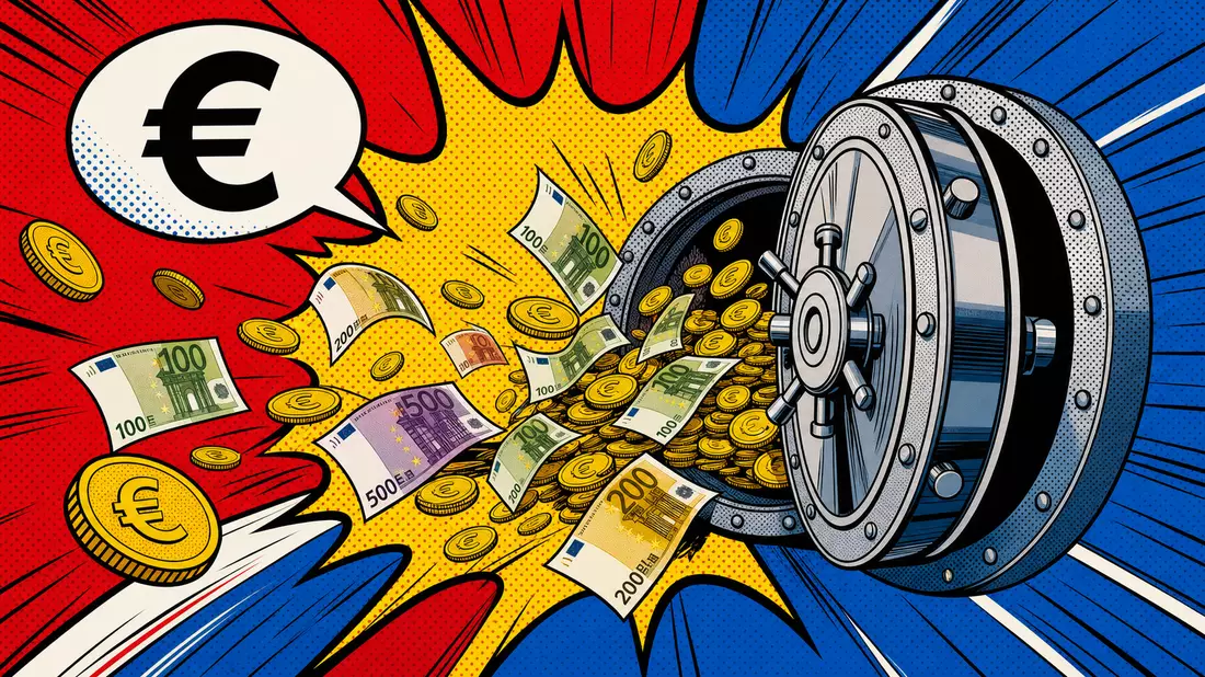 Pop-Art-Comicszene: Banktresor öffnet sich explosionsartig, Eurogeldscheine und Münzen fliegen heraus