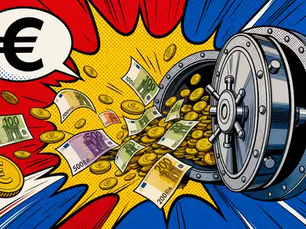 ING Groep N.V. NL0011821202 als farbiger Pop-Art-Comic mit aufspringendem Banktresor und fliegenden Euromünzen - Foto: THN