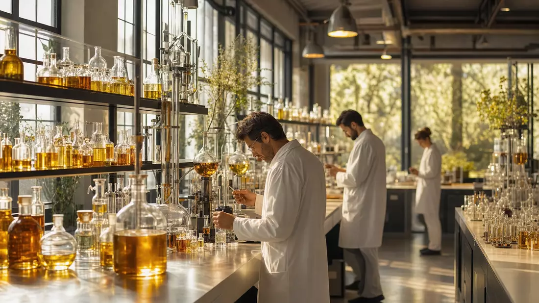 Fotorealistisches Spezialchemie-Labor mit goldenen Aromaflüssigkeiten und Wissenschaftlern