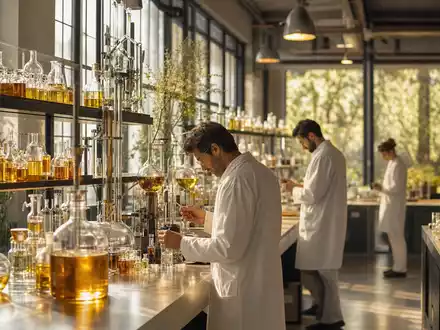 International Flavors & Fragrances US4595061015 Labor mit Wissenschaftlern analysiert aromatische Spezialchemie-Inhaltsstoffe in Glaskolben - Foto: THN