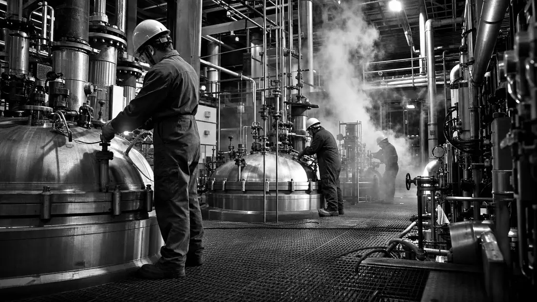 Schwarzweiß-Reportagefoto einer Spezialchemie-Produktionsanlage mit Dampf