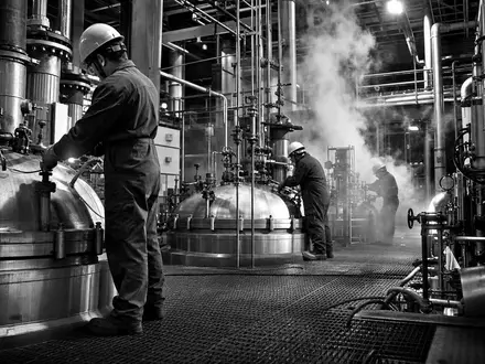 International Flavors & Fragrances US4595061015 Industrieanlage in dramatischem Schwarzweiß mit Dampf und Stahlreaktoren - Foto: THN