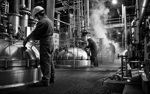 International Flavors & Fragrances US4595061015 Industrieanlage in dramatischem Schwarzweiß mit Dampf und Stahlreaktoren - Foto: THN