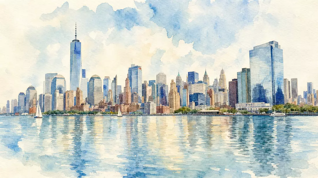 Aquarell-Panorama der New Yorker Skyline mit Flussreflexionen in Pastelltönen