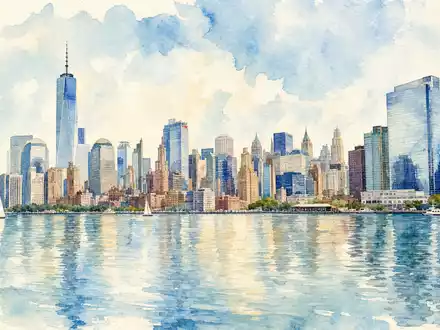 International Flavors & Fragrances US4595061015 Aquarell-Stadtbild New York Skyline mit Hudson-Fluss Spiegelungen - Foto: THN