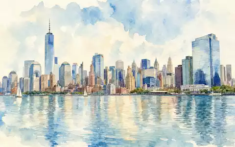 International Flavors & Fragrances US4595061015 Aquarell-Stadtbild New York Skyline mit Hudson-Fluss Spiegelungen - Foto: THN