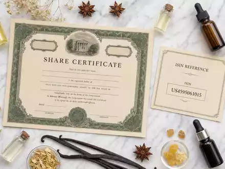 International Flavors & Fragrances US4595061015 Flatlay mit Aktienzertifikat ISIN-Karte und botanischen Duftstoff-Zutaten - Foto: THN