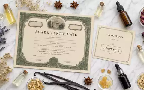 International Flavors & Fragrances US4595061015 Flatlay mit Aktienzertifikat ISIN-Karte und botanischen Duftstoff-Zutaten - Foto: THN