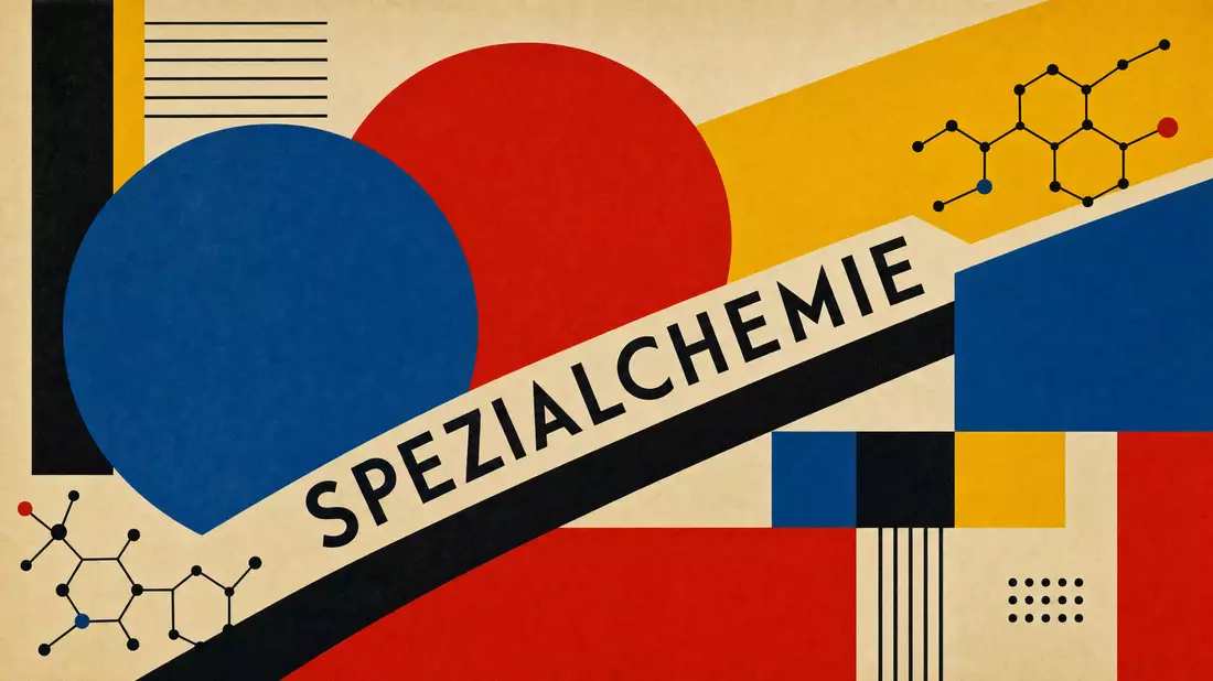 Geometrisches Bauhaus-Design-Poster mit SPEZIALCHEMIE-Text und Molekülstrukturen