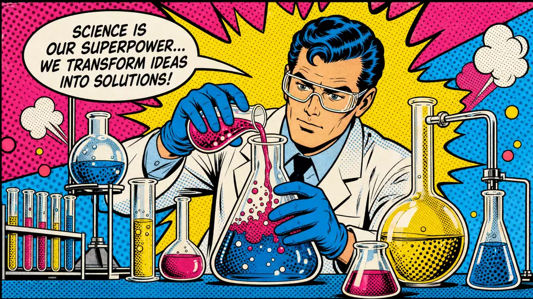 Farbiger Pop-Art-Comic eines Chemikers mit Reagenzgläsern im Lichtenstein-Stil