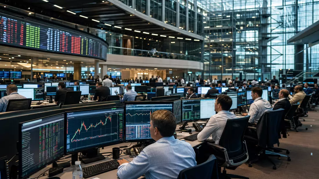 Fotorealistischer Blick auf einen modernen Börsensaal mit Tradern