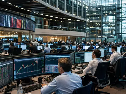 Intercontinental Exchange Handelsparkett US45866F1049 zeigt viele Händler an Monitoren mit Börsenkursen und Kerzencharts - Foto: THN