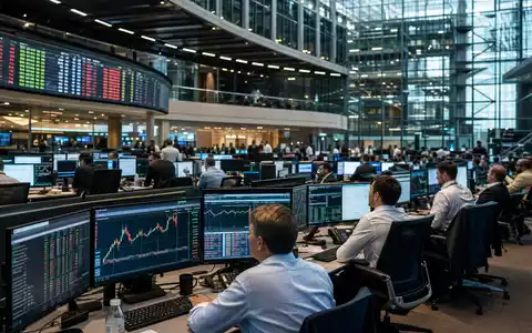 Intercontinental Exchange Handelsparkett US45866F1049 zeigt viele Händler an Monitoren mit Börsenkursen und Kerzencharts - Foto: THN