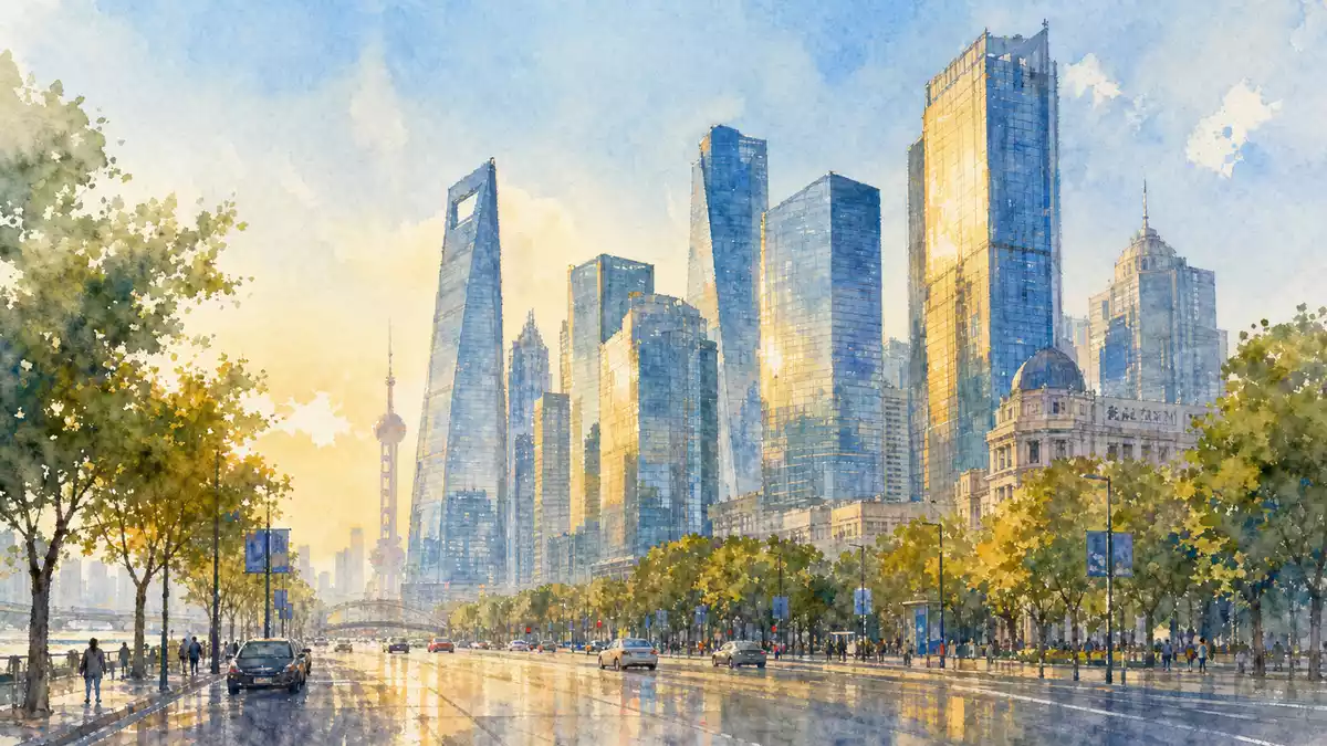 Aquarell-Illustration eines Finanzviertels mit modernen Glastürmen