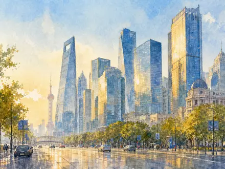 Intercontinental Exchange Finanzviertel US45866F1049 als Aquarell Stadtlandschaft mit Glastürmen in goldenem Morgenlicht - Foto: THN