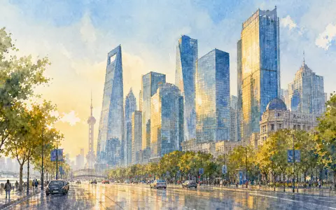Intercontinental Exchange Finanzviertel US45866F1049 als Aquarell Stadtlandschaft mit Glastürmen in goldenem Morgenlicht - Foto: THN