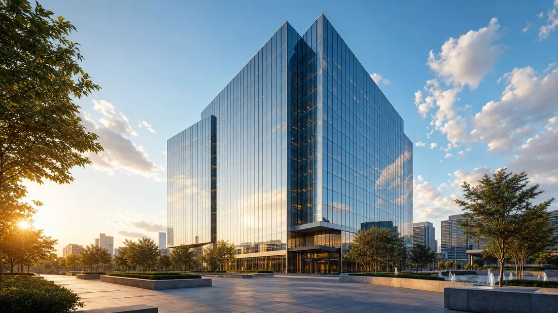 CGI-Architekturrender eines modernen Finanz-Hauptgebäudes bei Sonnenuntergang